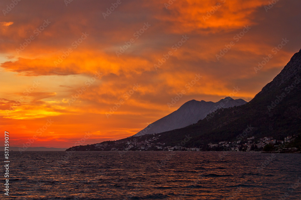 landscape a bright colourful sunset at sea. Adriatic Sea, Croatia