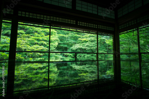 京都・瑠璃光院、もみじの新緑とテーブル	