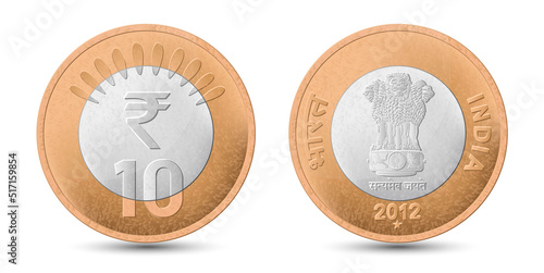 10 Rupee coin of India, back and front side isolated on white background.