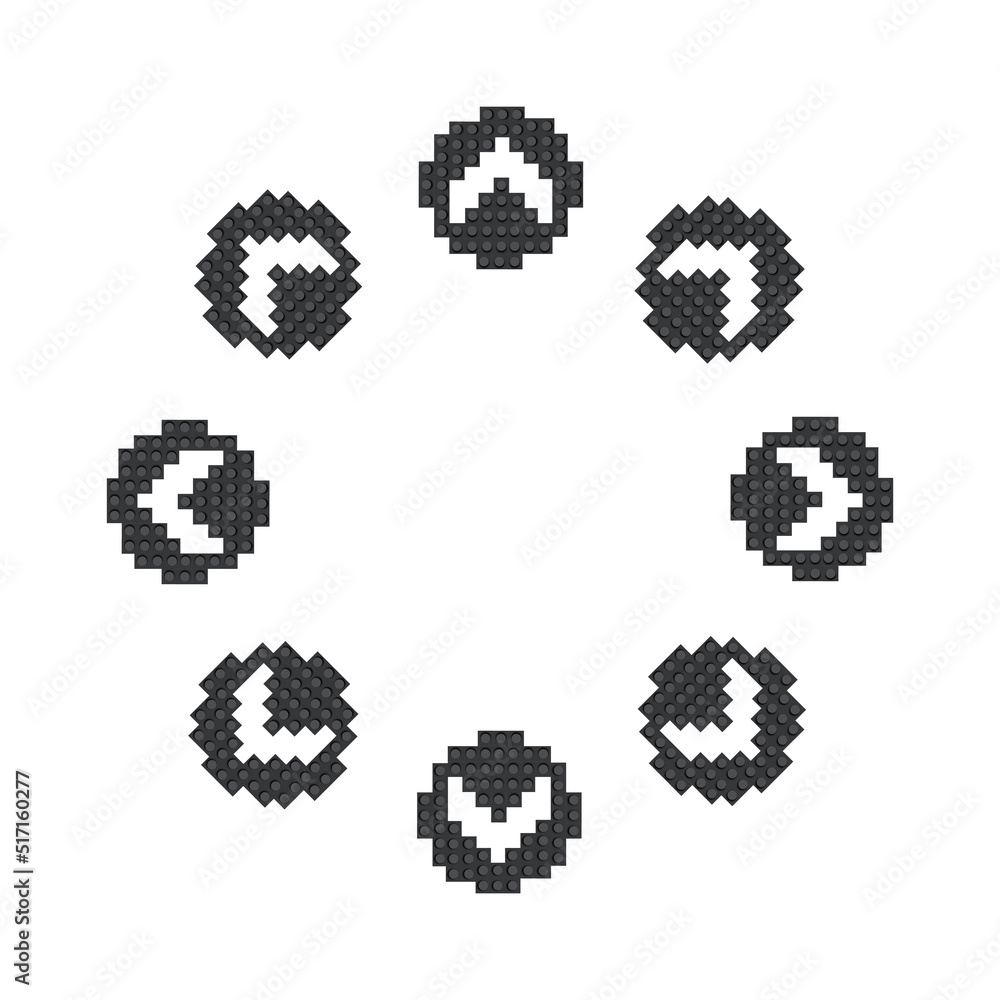 Different arrows, pixel icons isolated, collection of 8bit graphic elements. 