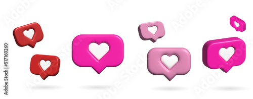 Set of pink heart in speech bubble icon isolated on a white background.