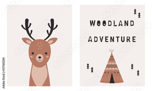 Print op canvas Cute baby poster with deer and wigwam