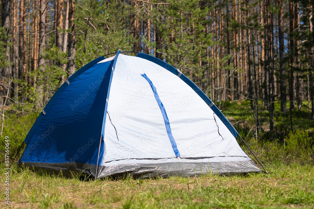 Camping in the forest. Tent in nature close-up