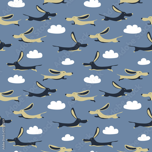 vector funny cute cartoon dachshund seamless pattern vintage flying childish dog in clowd sky design for baby cloth wallpaper