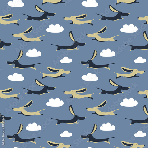 vector funny cute cartoon dachshund seamless pattern vintage flying childish dog in clowd sky design for baby cloth wallpaper