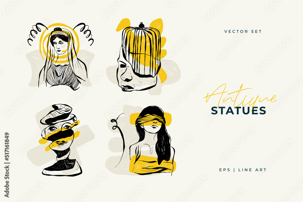 Fototapeta premium Antique statues illustration. Modern card, wall art. Yellow and Black shape. Line art.