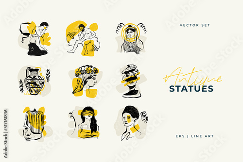 Antique statues illustration. Modern card, wall art. Yellow and Black shape. Line art.