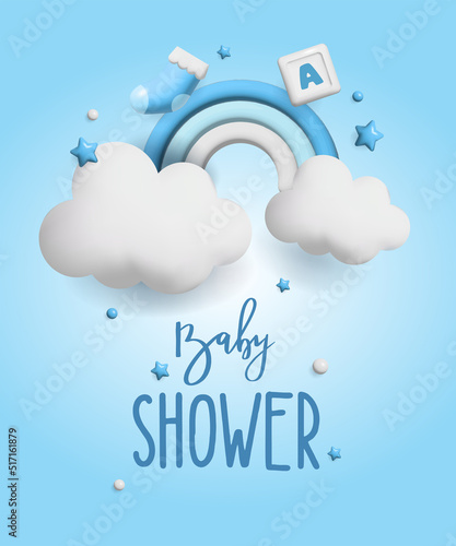Baby shower 3d space. Banner poster on Baby shower in render style. Lettering baby. Vector illustration in 3 d style.