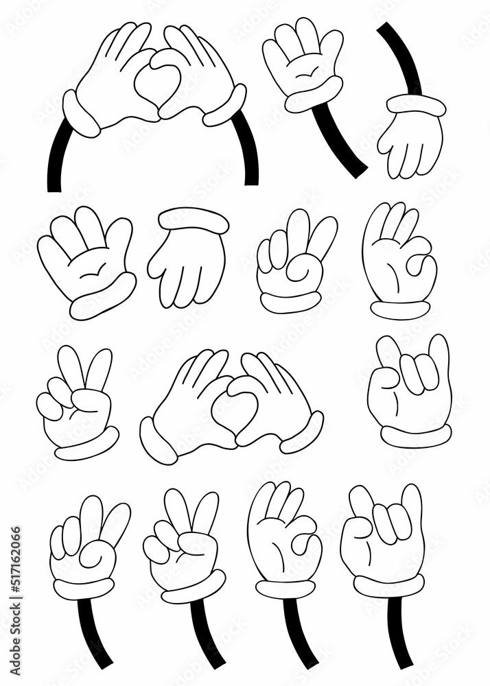 Collection of hands in gloves, different gestures - heart, ok, hello, two fingers. Vector illustration. Linear hand drawn doodle. Comic outline element for design and decor, print Collection of hands in gloves, different gestures - heart, ok, hello, two fingers. Vector illustration. Linear hand drawn doodle. Comic outline element for design and decor, print