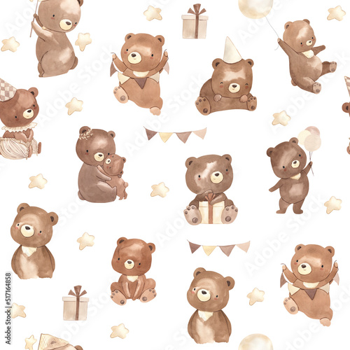 Bear watercolor seamless pattern illustration for kids