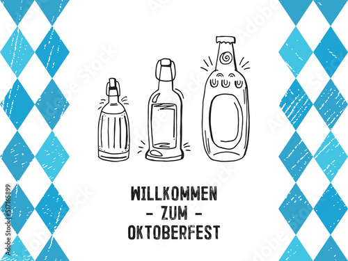 Oktoberfest 2022 - Beer Festival. Hand-drawn set of Doodle Elements. German Traditional holiday. Outline glass beer bottles with lettering and blue rhombuses on a white background.