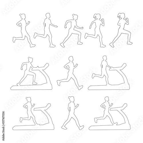A set of running active people. Side view. Sport, jogging, fitness, training concept. Contour.