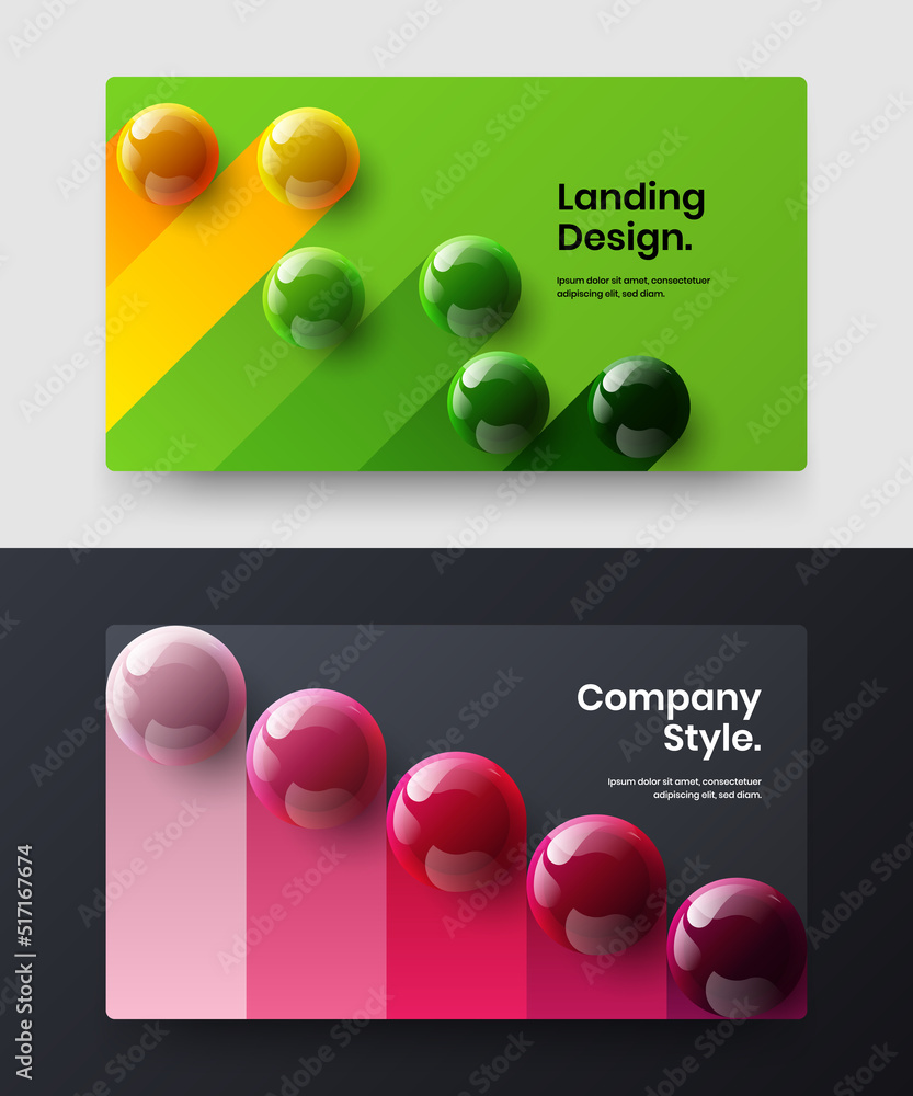 Colorful realistic spheres website layout collection. Fresh book cover vector design template bundle.