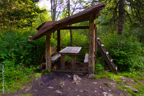 Old wooden gazebo in the green forest. © Max Chekanov