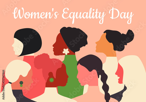 Women's Equality Day. Women of different ages, nationalities and religions come together. Horizontal pink pastel poster. Vector.