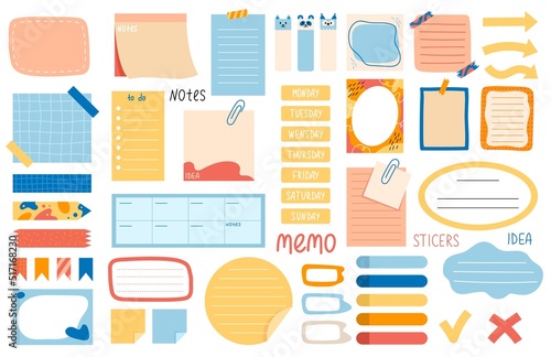 Set of stickers and planners for reminders. Sticky notes and other elements for scheduling time. To do list with days of week and tick. Cartoon flat vector collection isolated on white background