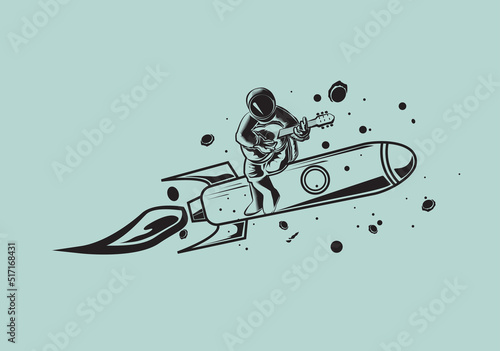 astronaut sitting on rocket with acoustic guitar. vector illustration of astronaut in eps 10. perfect to print on tee shirt and any merchandise. planetarium and music design concept.
