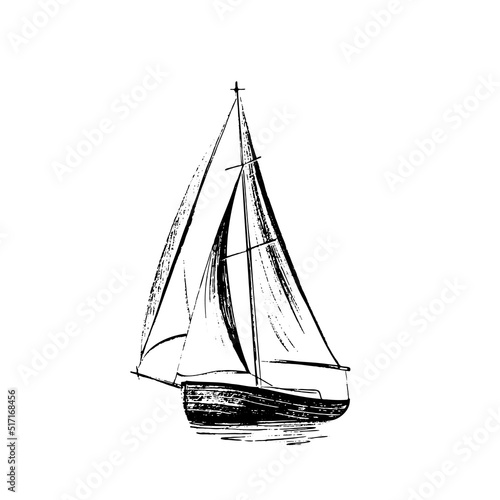 Sailing boat at sea. Abstract minimalistic style. Hand drawn in black ink, brush and paint texture. Vector illustration