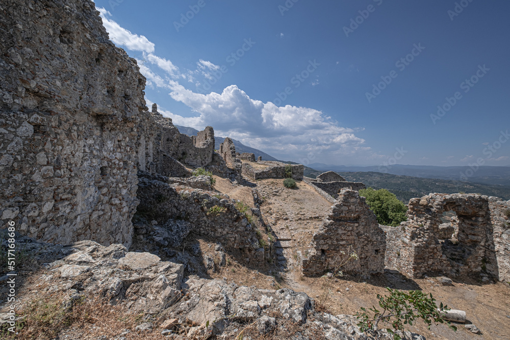Mystras Castle archeological site, built in the 13th century on a mountain summit, overlooking the Lakonia Plain, near the town of Sparta, Peloponnese, Greece Mystras Castle archeological site, built in the 13th century on a mountain summit, overlooking the Lakonia Plain, near the town of Sparta, Peloponnese, Greece