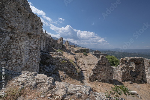 Mystras Castle archeological site, built in the 13th century on a mountain summit, overlooking the Lakonia Plain, near the town of Sparta, Peloponnese, Greece
