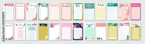 Collection of weekly or daily planner. To do or task list, reminder sheet, scheduler or organizer with decorative elements and cosmetic products. Cartoon flat vector set isolated on gray background