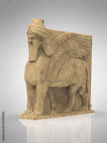 Human-headed five-legged Assyrian centauroid. 3d illustration of Assyrian protective deity. photo