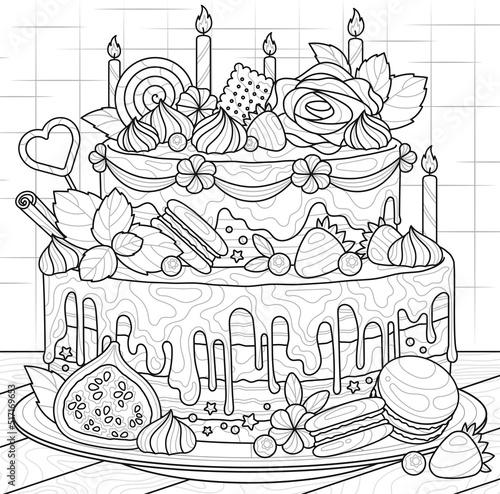 Design for coloring book. Delicious birthday cake with fruit, meringue and candles. Sweet sugar dessert for holiday. Antistress for children and adults. Cartoon flat vector illustration. Zen tangle