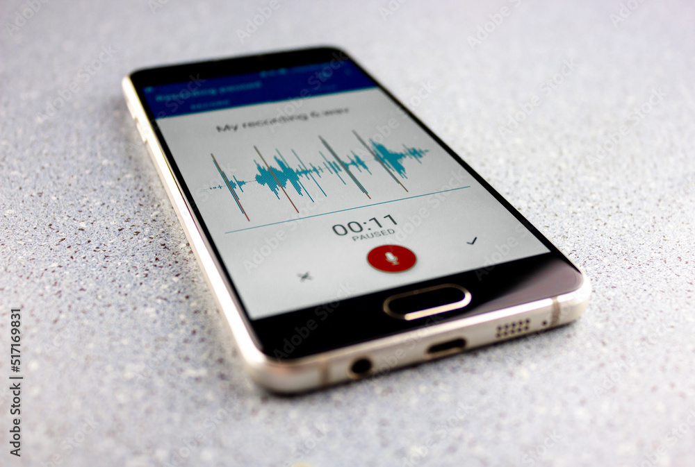 Voice recorder on a smartphone. Voice recording wave on the screen of a