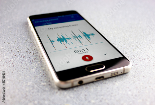 Voice recorder on a smartphone. Voice recording wave on the screen of a smartphone. Recording sounds on a smartphone. Voice recorder noise level wave.