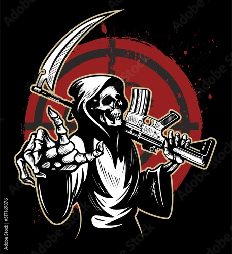 Grim Reaper holding a rifle and scythe in his hand, with a target on background, vector illustration.