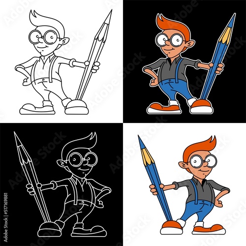 Cartoon style geek, nerd character in the glasses, holding a pencil, lineart and colorful.