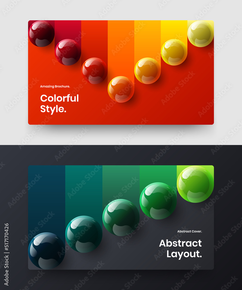 Modern journal cover vector design illustration composition. Multicolored 3D spheres booklet concept set.