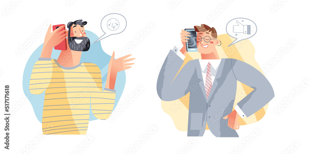 Male characters talk on smartphone set, people in office suit and home clothes call phone Male characters talk on smartphone set, people in office suit and home clothes call phone