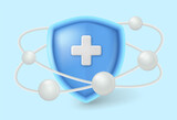 3d protected medical shield concept with atom molecules isolate on light blue background.