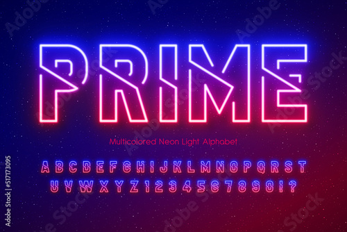 Neon light 3d alphabet, retro-futuristic origainal type, abc