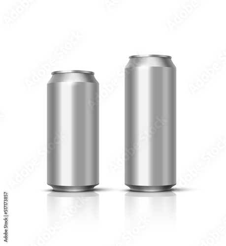 Aluminium beer or soda pack mock up. Two vector realistic blank metallic cans with mirror reflecion isolated on white background