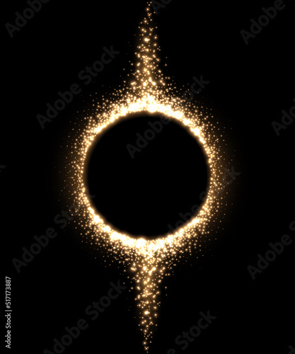Magic round frame with gold dust glitter light effect, flashes of energy spray shooting