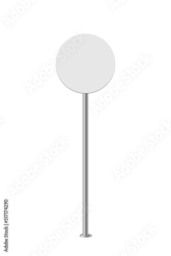 Round blank road sign on metal pole vector illustration. 3d realistic traffic board for highway, isolated empty attention roadside signpost to notice information, danger, guide