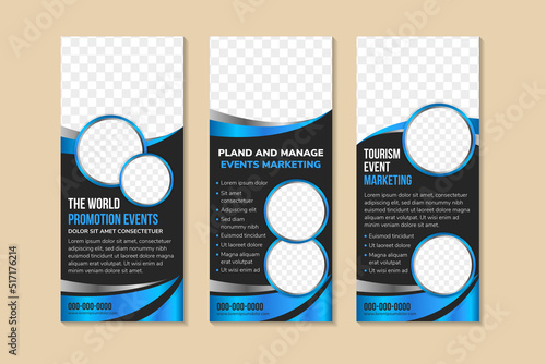 promotion event marketing roll up banner design template. poster design with space of photo and text. vertical print ready. Combination of blue grey gradient on element and black background photo
