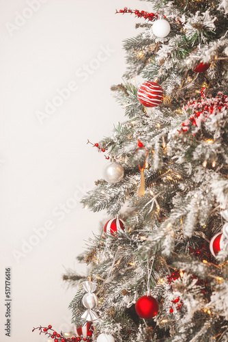Christmas background. Xmas interior. Home celebration. Christmas design of interior. Closeup christmas balls.