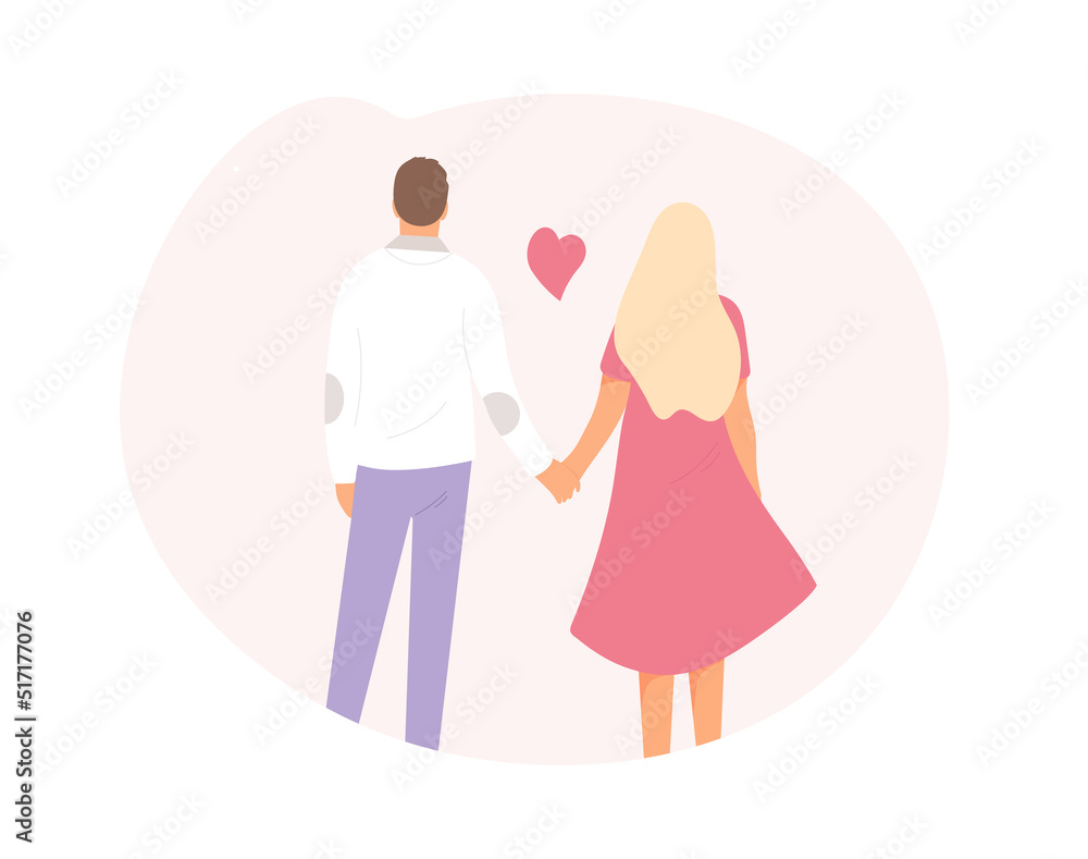 Happy people walking holding hands, back view. Vector isolated man and woman spending time together. Love you