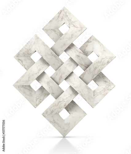Endless Knot, Buddhist symbol. 3D illustration of the Buddhist symbol - Endless Knot - made of white marble on a white background