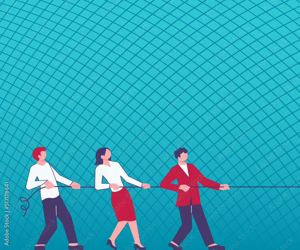 Three Colleagues Pulling Rope Together Presenting Teamwork Success