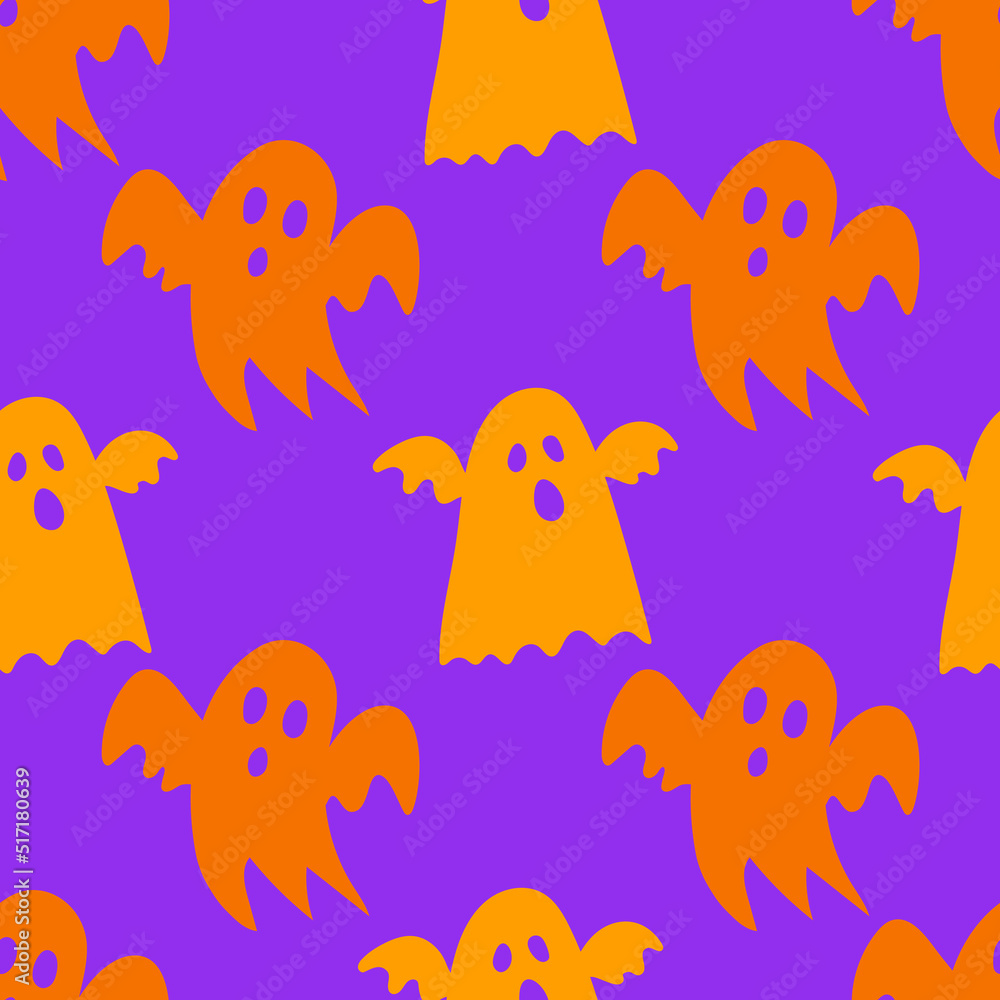 Fototapeta premium Halloween seamless pattern with scary funny ghosts. Festive scary pattern, colorful Halloween print. Autumn wallpaper or party background with ghosts - for fabric, for textiles, for wrapping paper