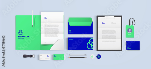 Modern business stationery elements set design in bright neon acid green and blue colors