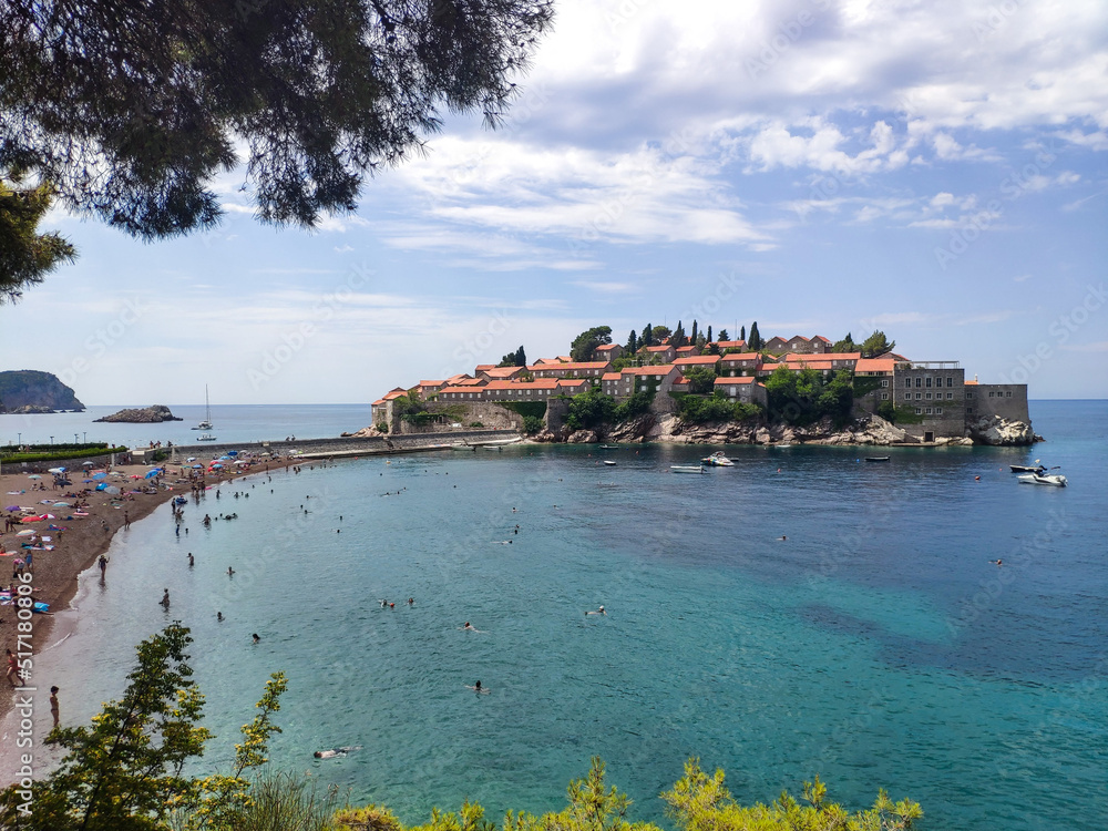 Beautiful view from the rocky beach on Sveti Stefan island in Montenegro