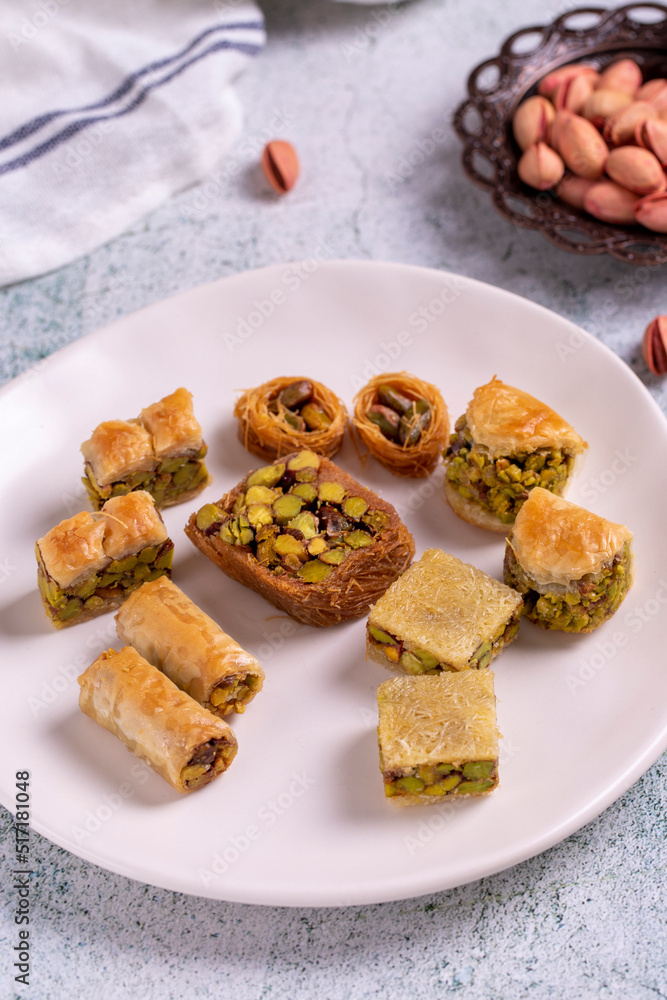 Mix pistachio baklava. Assortment of pistachio baklava on a stone background. Turkish cuisine desserts. close up