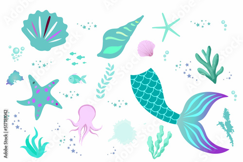 Wallpaper Mural set of watercolor drawings, starfish, fishtail, mermaid on an isolated white