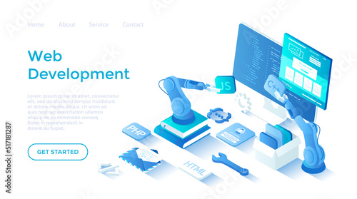 Web Development. Software Engineering and Coding Website Application. Full stack web development. Program code on the monitor screen. Landing page template for web on white background.