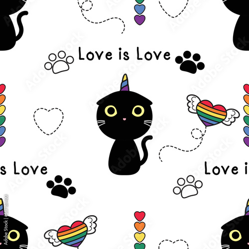 Cute seamless pattern black cat in pride theme decorate with heart, paw and text Love is Love.